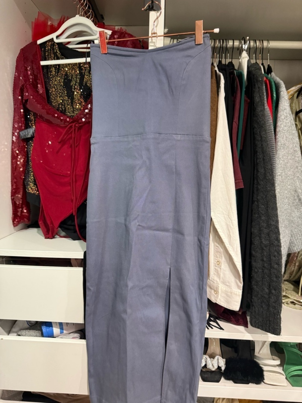 Women’s Strapless Midi dress in Slate Blue w/ slit - Picture 6 of 8